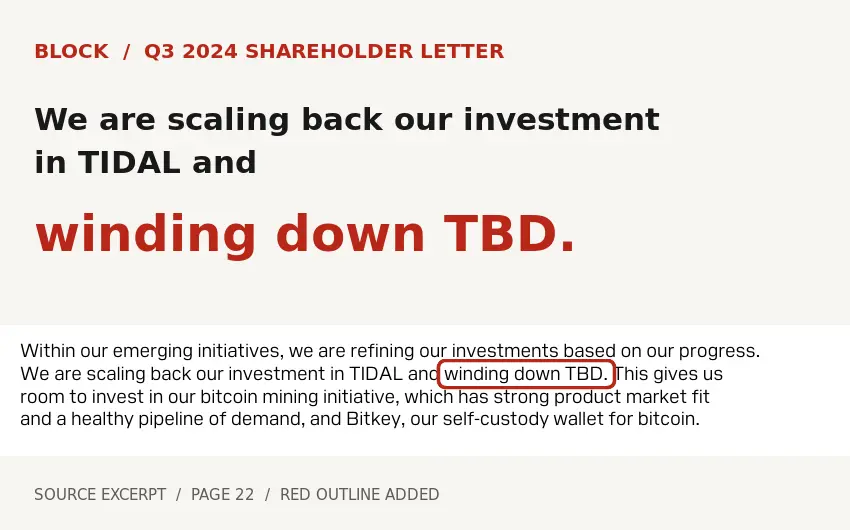 Annotated excerpt from Block's shareholder letter with winding down TBD enlarged in red and outlined in the original passage