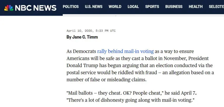 NBC News article body, April 10, 2020, showing Trump's April 7 quotation about dishonesty in mail-in voting