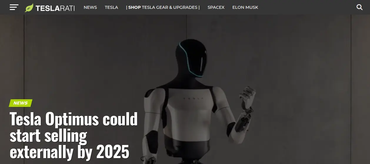 Teslarati's April 2024 headline, Tesla Optimus could start selling externally by 2025, over an image of the robot